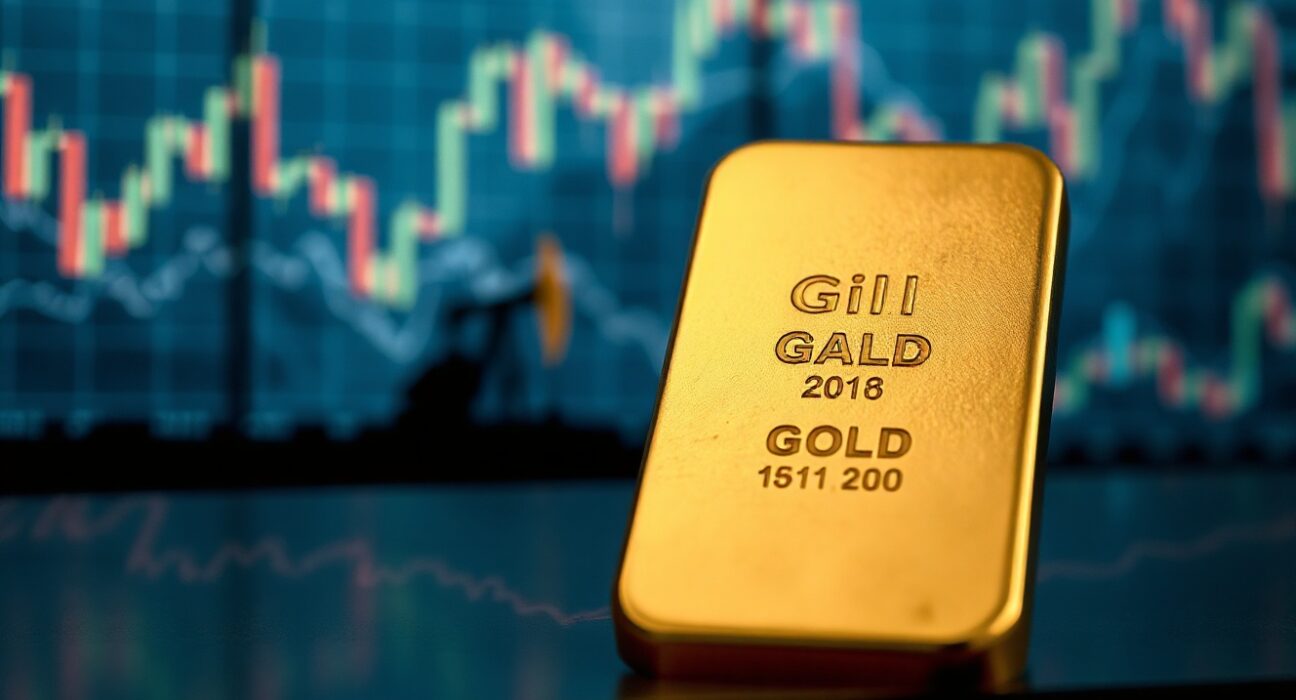Gold bar on reflective surface with blurred financial charts and oil derrick in background