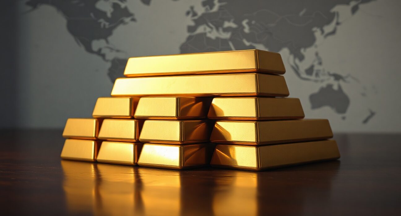 Gold bars on a dark surface with a blurred world map in the background, symbolizing geopolitical uncertainty affecting gold prices.