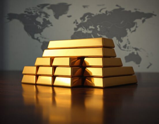 Gold bars on a dark surface with a blurred world map in the background, symbolizing geopolitical uncertainty affecting gold prices.