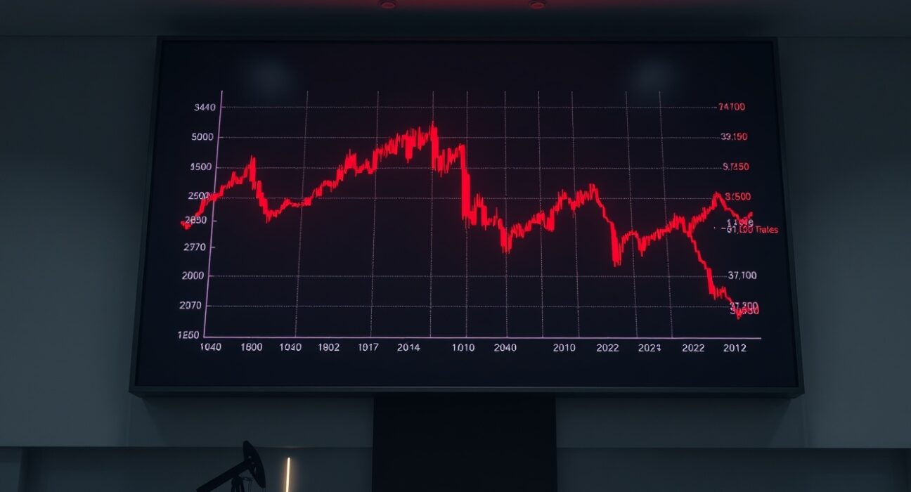 Digital trading screen showing declining gold price charts amid rising oil prices and Fed rate hike speculation