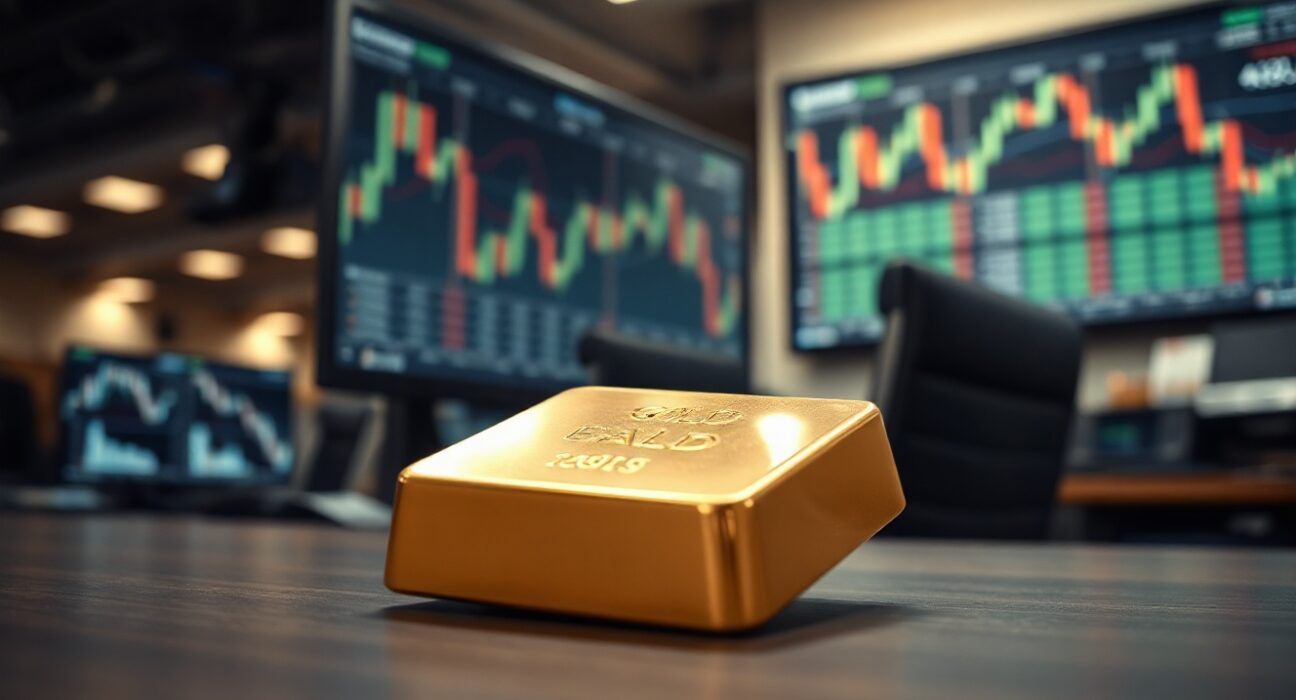 Gold bullion bar on trading desk with market charts in background