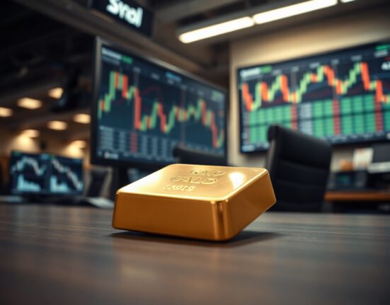 Gold bullion bar on trading desk with market charts in background