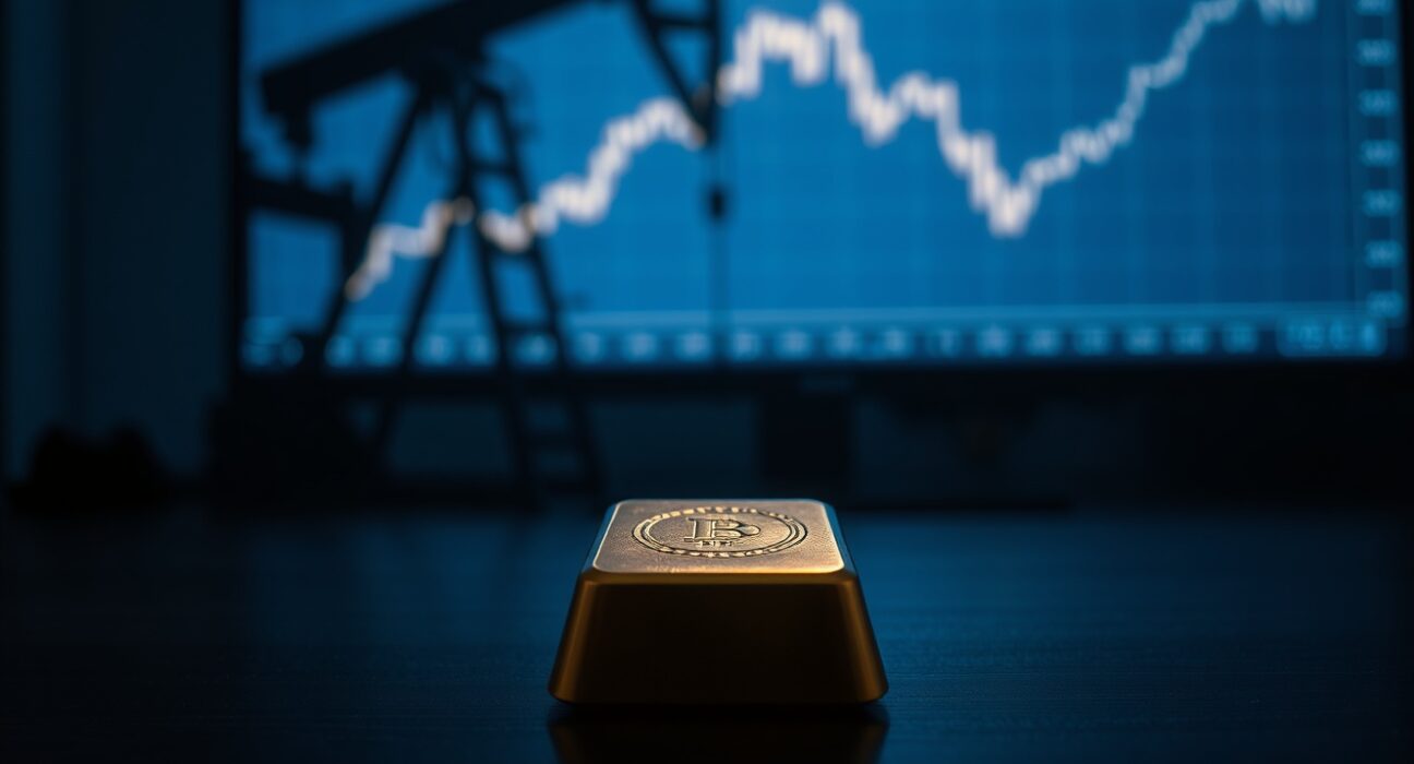 Gold bar on dark surface with oil derrick silhouette and declining chart in background, representing market volatility.
