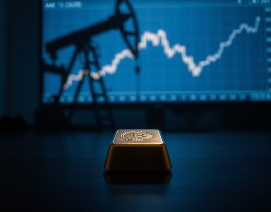 Gold bar on dark surface with oil derrick silhouette and declining chart in background, representing market volatility.