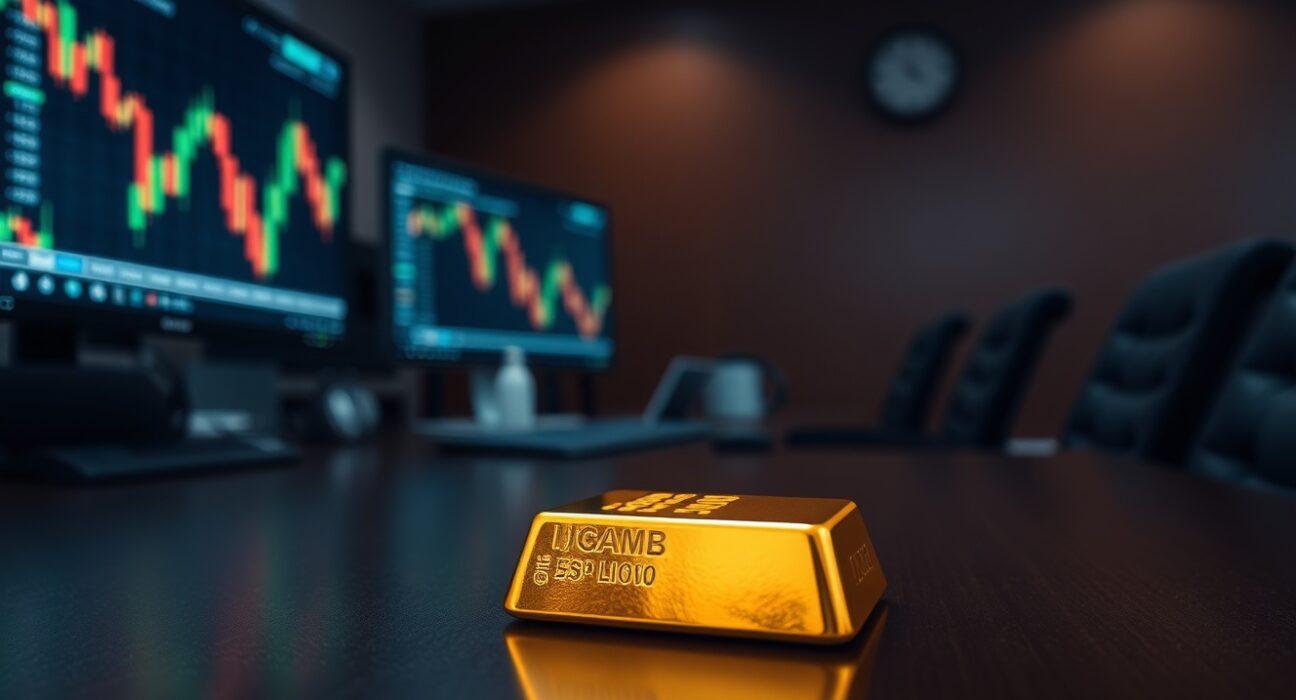 Gold bar on desk with declining chart monitor in background, representing quarterly loss.