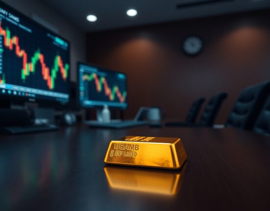 Gold bar on desk with declining chart monitor in background, representing quarterly loss.