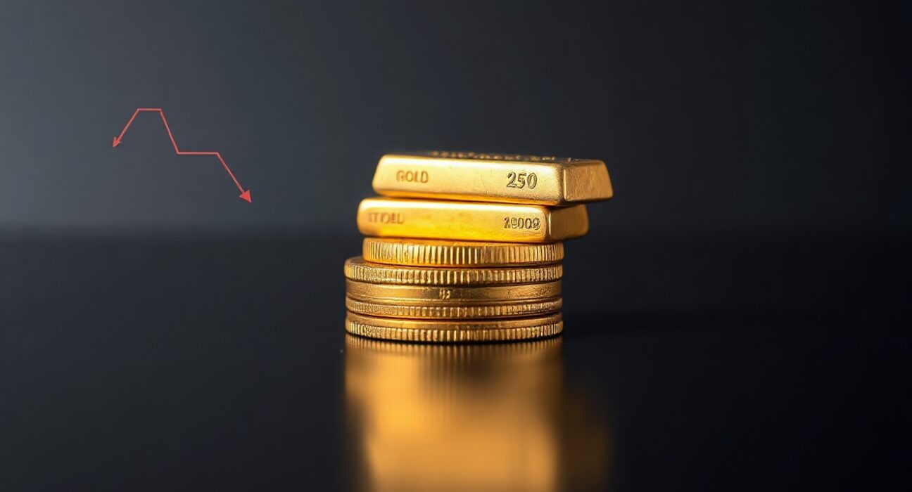 Gold bars and coins on a dark surface with a downward trend arrow indicating a price pullback forecast.