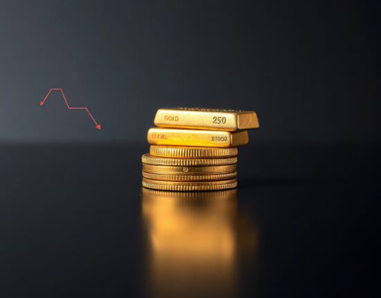Gold bars and coins on a dark surface with a downward trend arrow indicating a price pullback forecast.
