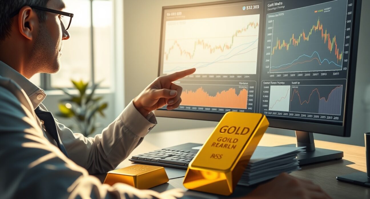 Financial analyst examining gold market charts and data for DBS demand analysis report