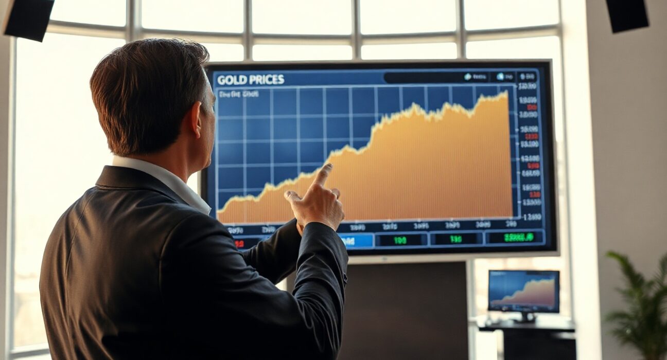 Financial analyst pointing at a gold price chart on a digital screen in a modern office