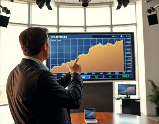 Financial analyst pointing at a gold price chart on a digital screen in a modern office