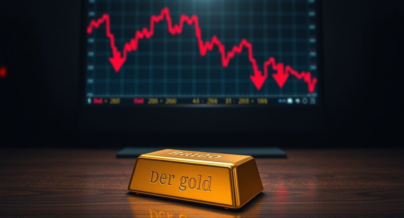 Gold bar on dark surface with financial chart showing decline in background