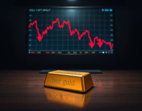 Gold bar on dark surface with financial chart showing decline in background