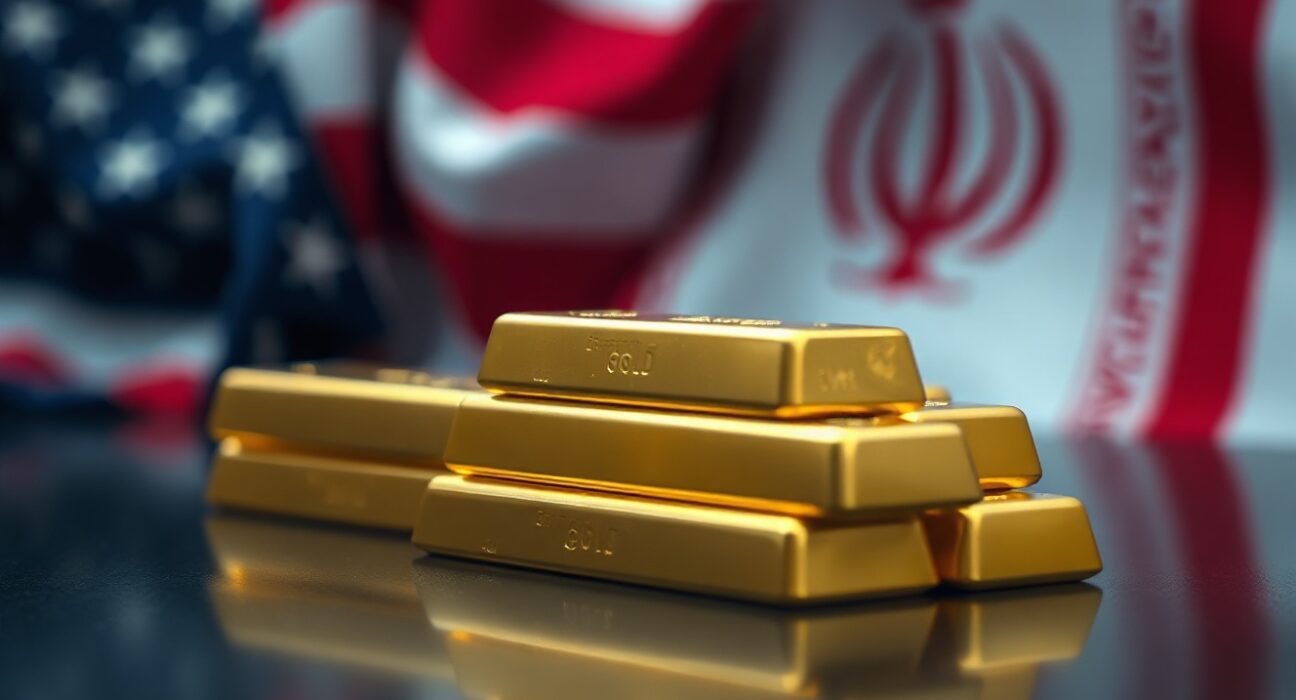 Gold bars on a reflective surface with US and Iranian flags blurred in the background