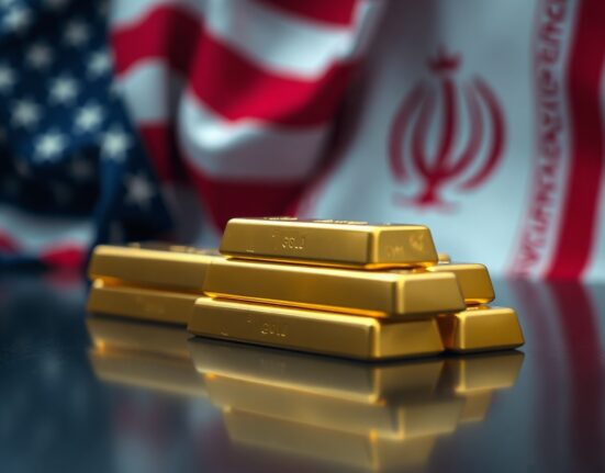 Gold bars on a reflective surface with US and Iranian flags blurred in the background