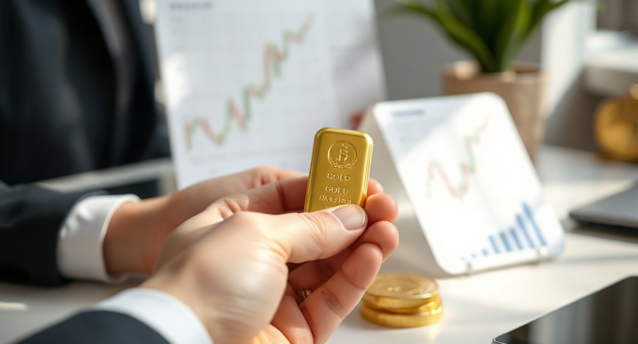 Trader holding a gold bar with financial charts in background, representing discretionary demand driving gold prices.