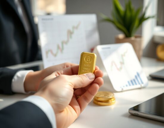 Trader holding a gold bar with financial charts in background, representing discretionary demand driving gold prices.