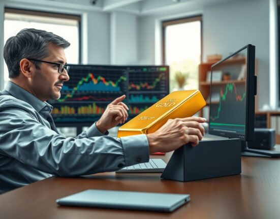 Financial analyst examining gold bar and market charts for portfolio diversification strategy