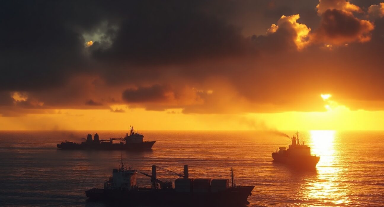 Smoke rising from a vessel in the Strait of Hormuz at sunset, symbolizing geopolitical tension affecting gold and currency markets.