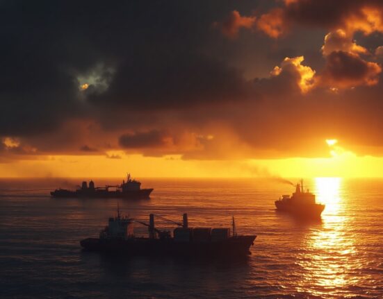 Smoke rising from a vessel in the Strait of Hormuz at sunset, symbolizing geopolitical tension affecting gold and currency markets.