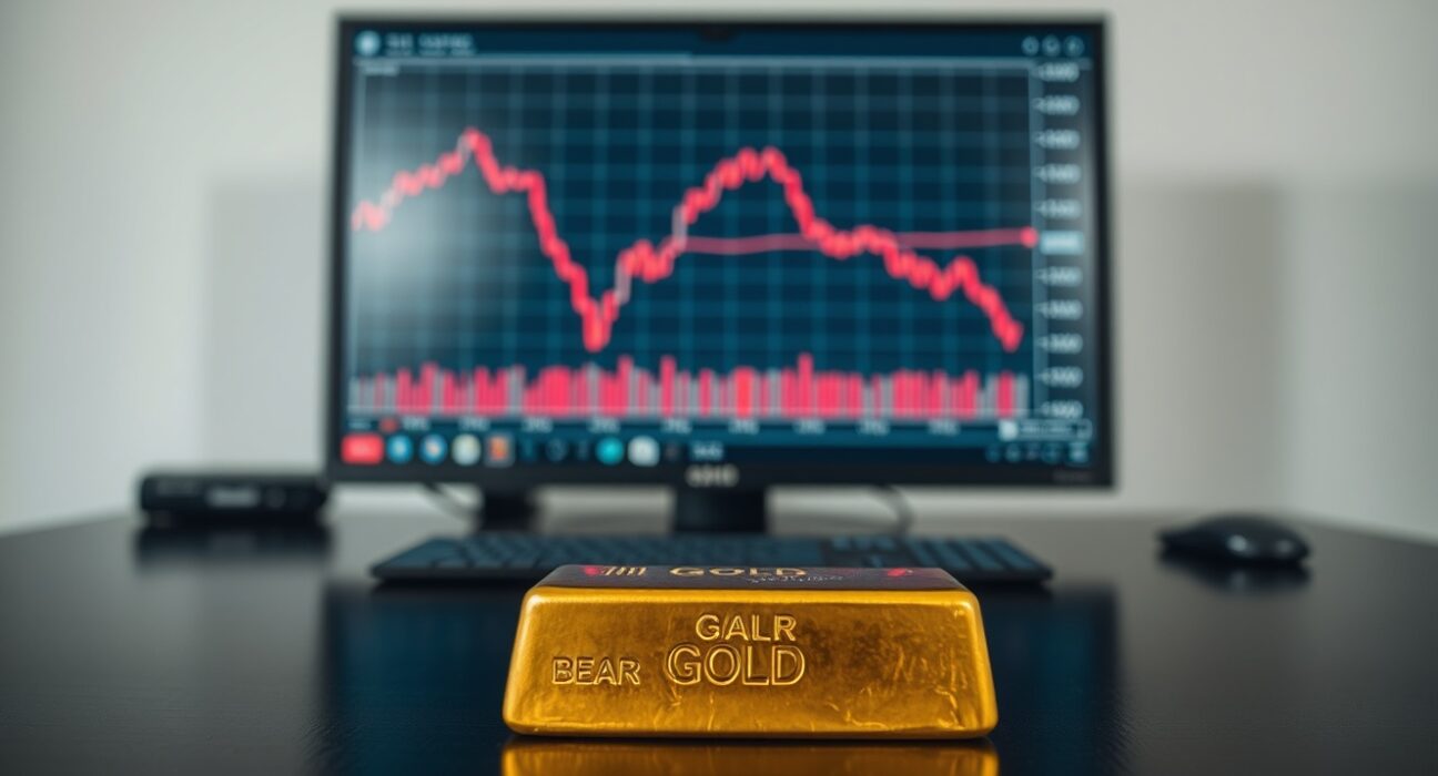 Gold bar on a wooden surface with a downward-trending financial chart in the background, representing bearish gold market analysis.