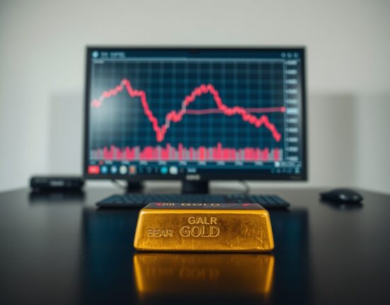 Gold bar on a wooden surface with a downward-trending financial chart in the background, representing bearish gold market analysis.