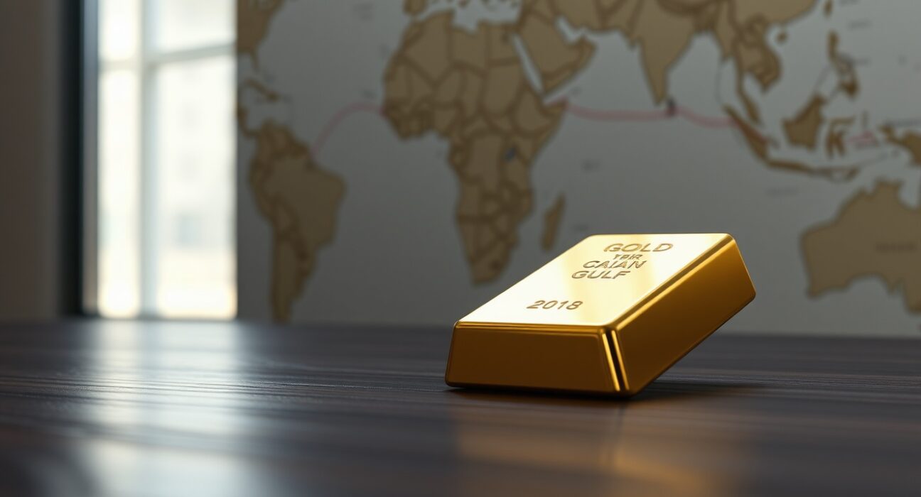 Gold bar on a wooden surface with a world map and shipping route in the background.