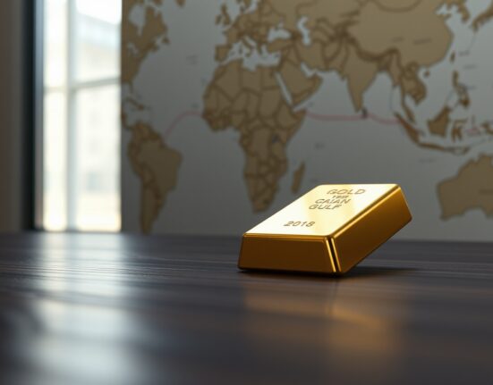 Gold bar on a wooden surface with a world map and shipping route in the background.
