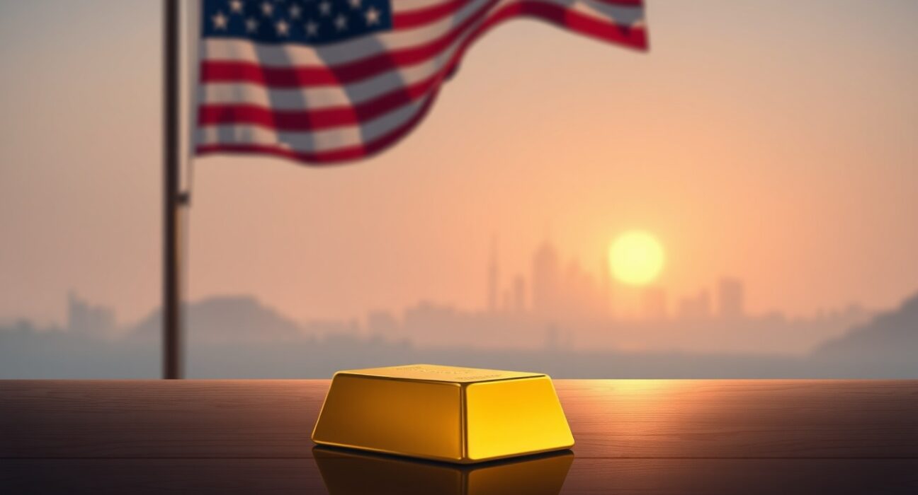 Gold bar on dark surface with American flag and Middle Eastern skyline in background, representing gold price drop below 4700