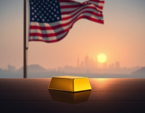 Gold bar on dark surface with American flag and Middle Eastern skyline in background, representing gold price drop below 4700