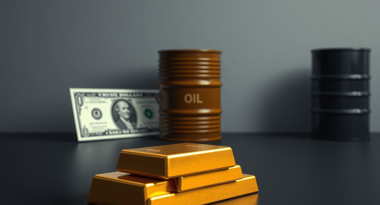 Gold bars with US dollar and oil barrel representing gold price drop due to firm dollar and oil inflation concerns.