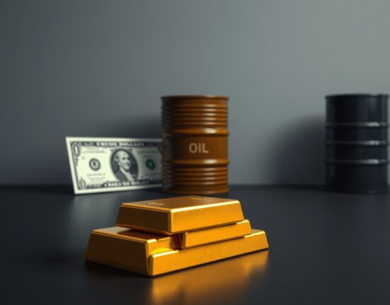 Gold bars with US dollar and oil barrel representing gold price drop due to firm dollar and oil inflation concerns.