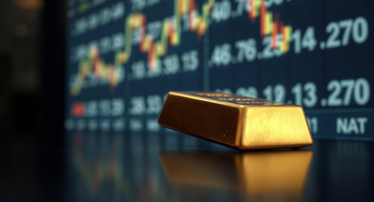 Gold bar on dark surface with blurred financial screen in background