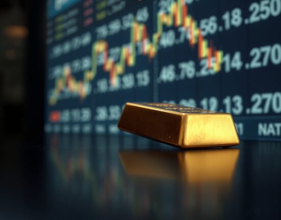 Gold bar on dark surface with blurred financial screen in background