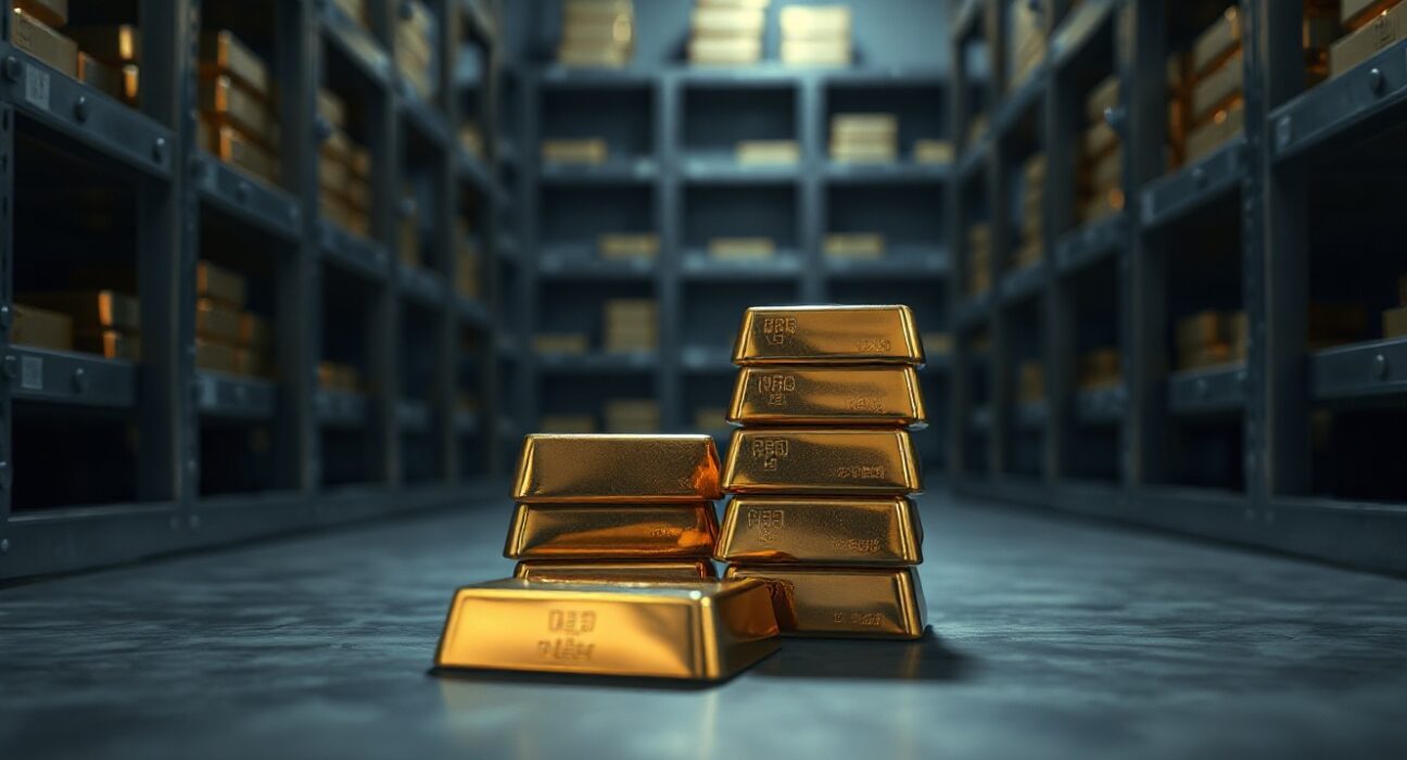 Gold bullion bars stacked in a vault, representing falling gold prices amid Federal Reserve rate hike expectations.