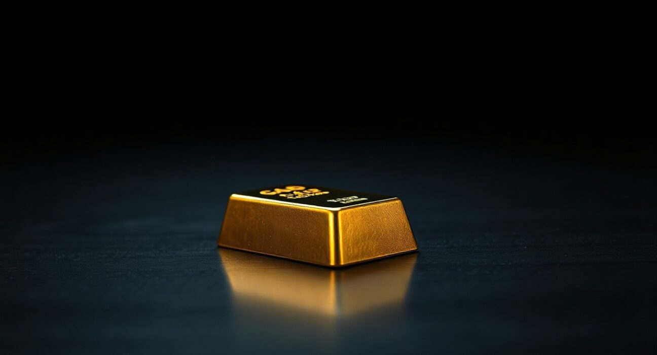 Gold bar on dark wooden surface representing declining precious metal prices