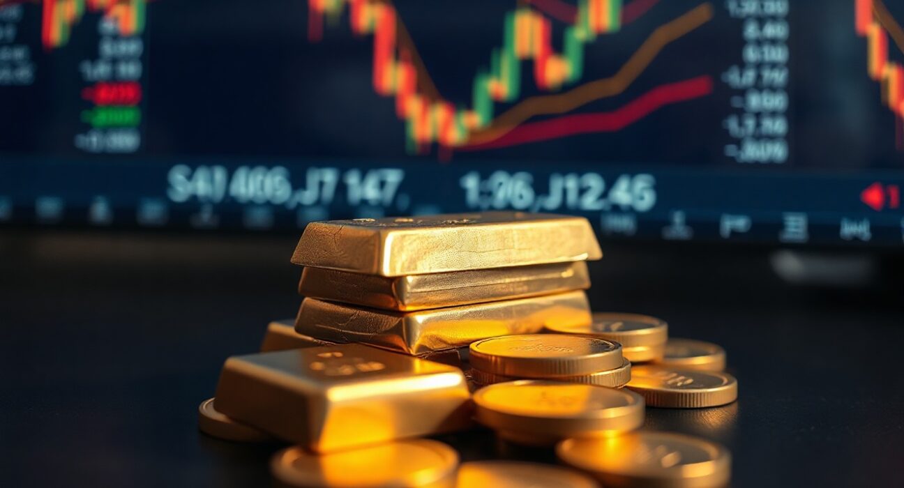 Gold bars and coins on a desk with financial charts in background, representing market volatility