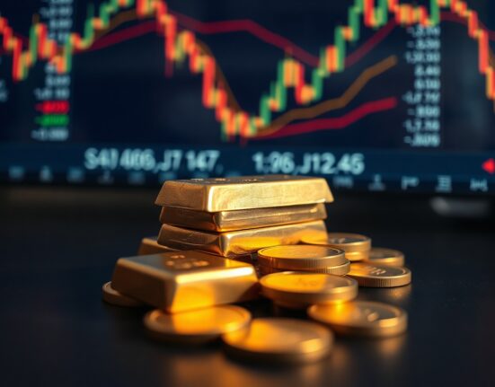Gold bars and coins on a desk with financial charts in background, representing market volatility