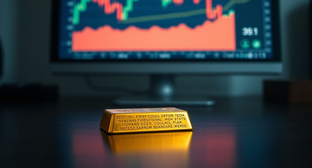 Gold bullion bar with financial chart showing price decline and US dollar and Iran indicators