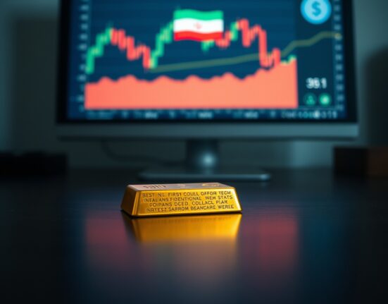 Gold bullion bar with financial chart showing price decline and US dollar and Iran indicators