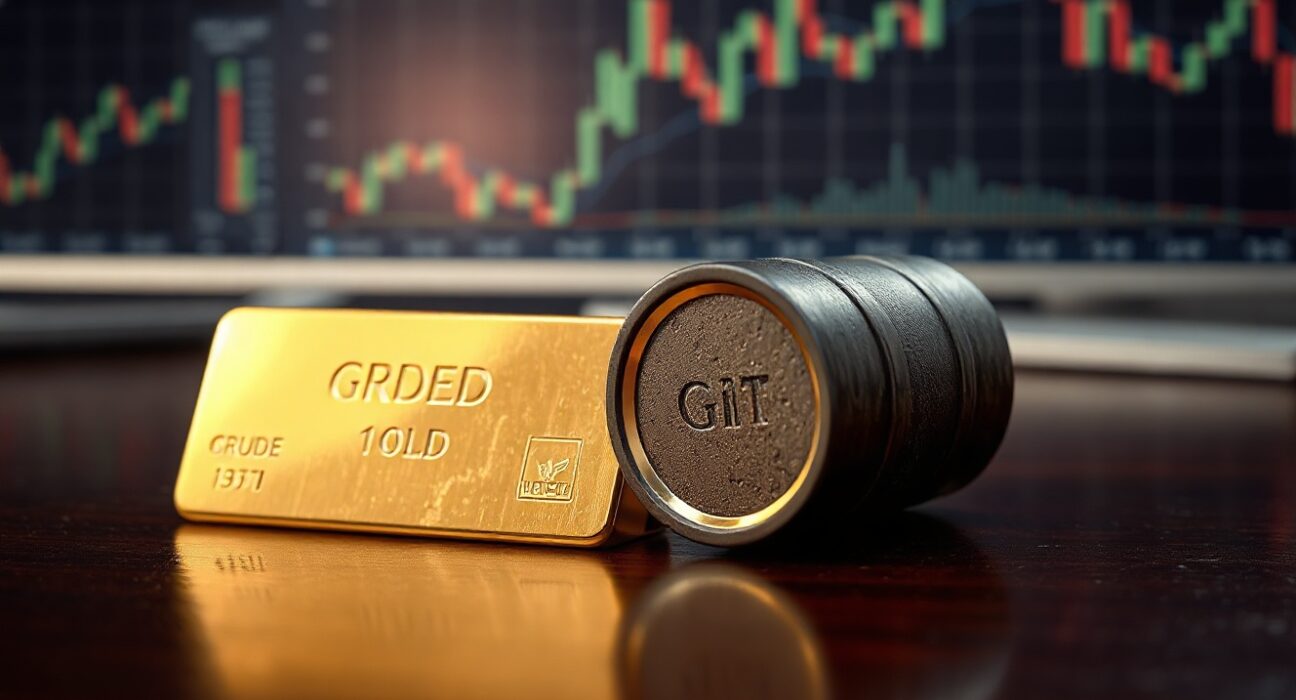 Gold bar and crude oil barrel on dark wooden surface symbolizing commodity price movements