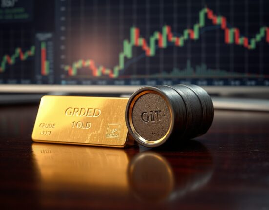 Gold bar and crude oil barrel on dark wooden surface symbolizing commodity price movements