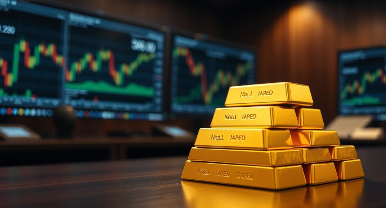 Gold bars stacked on a table with blurred financial charts in the background