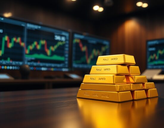 Gold bars stacked on a table with blurred financial charts in the background