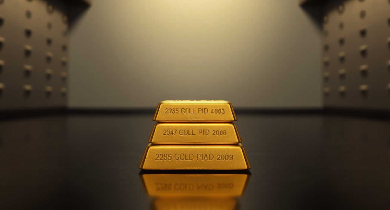 Close-up of stacked gold bars on a dark surface with soft lighting, representing precious metals market movement.
