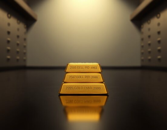 Close-up of stacked gold bars on a dark surface with soft lighting, representing precious metals market movement.