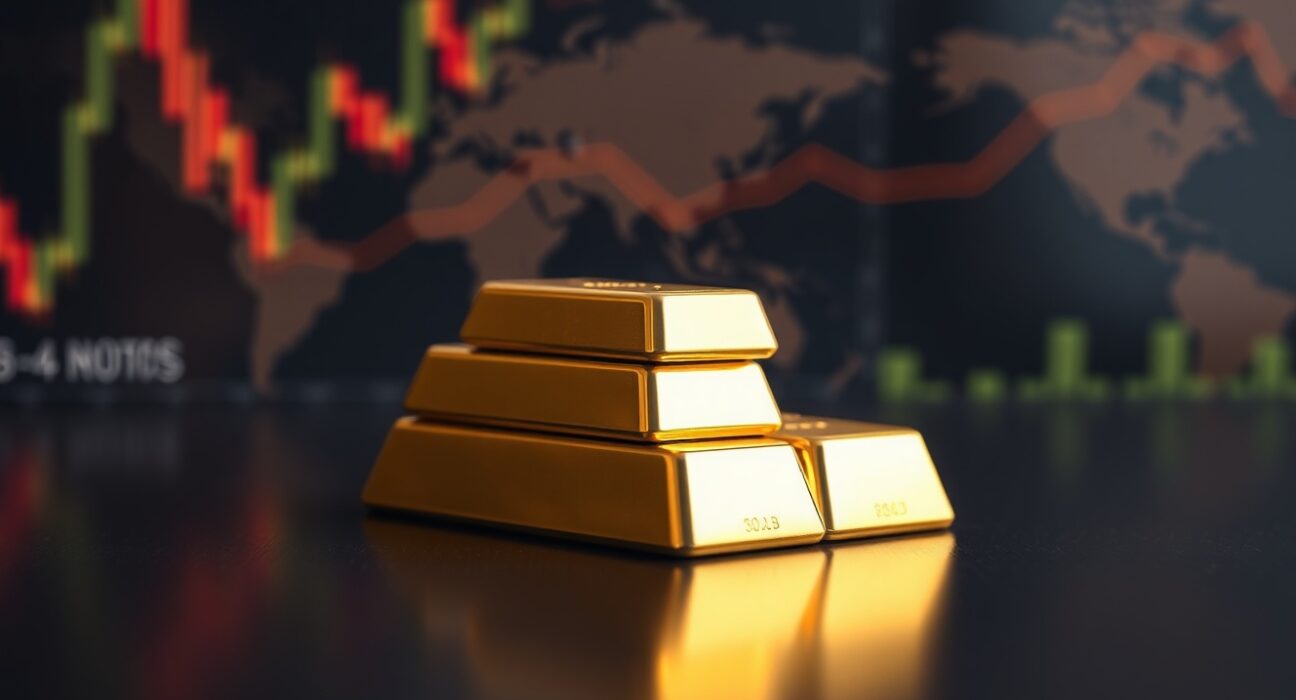 Close-up of polished gold bars on a reflective surface with a financial chart background