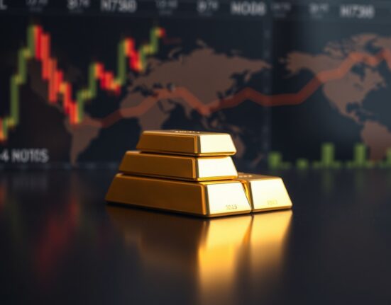 Close-up of polished gold bars on a reflective surface with a financial chart background