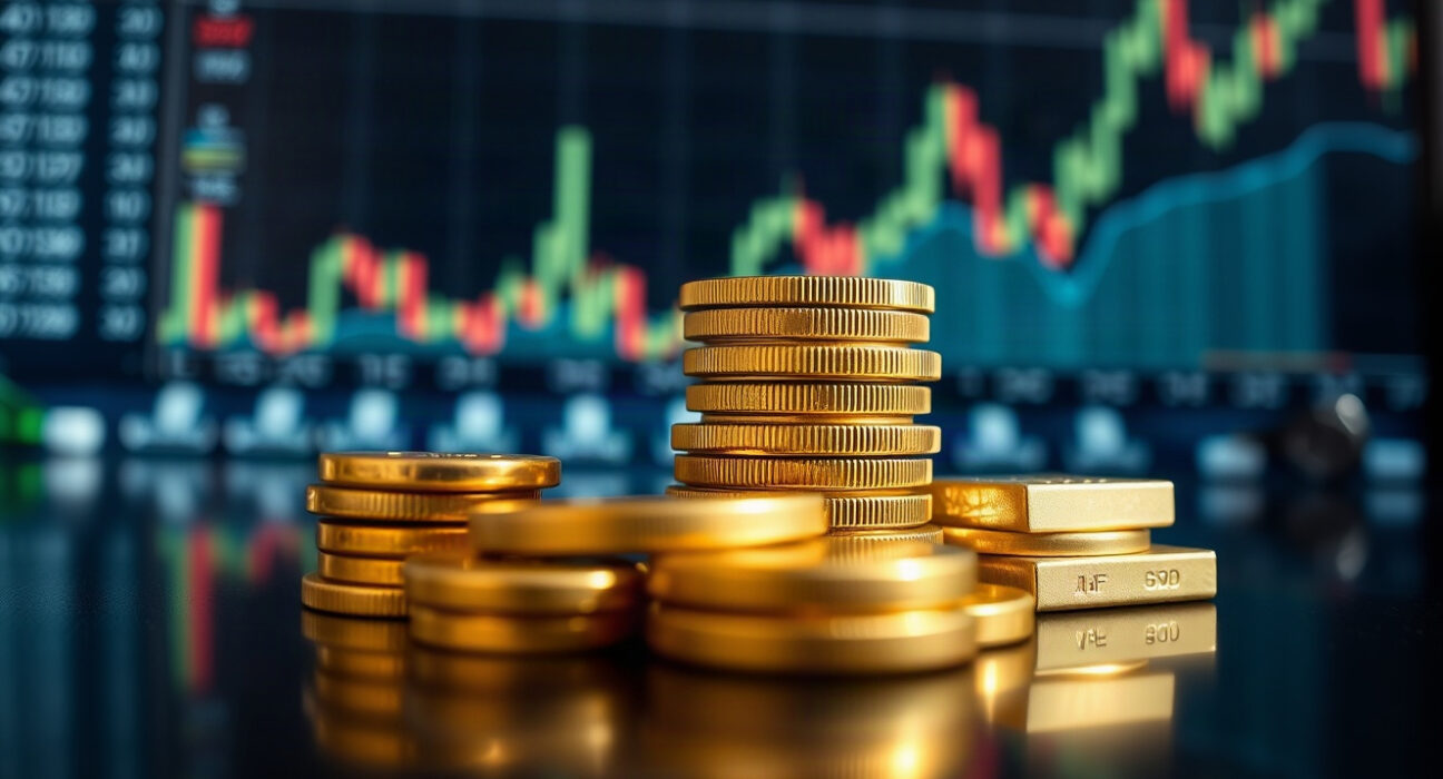 Gold bars and coins on a reflective surface with a financial chart in the background