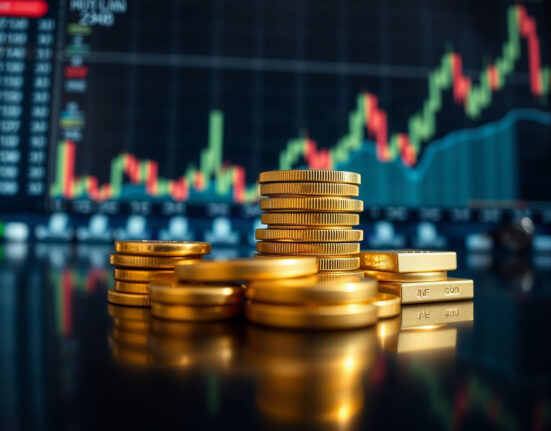 Gold bars and coins on a reflective surface with a financial chart in the background